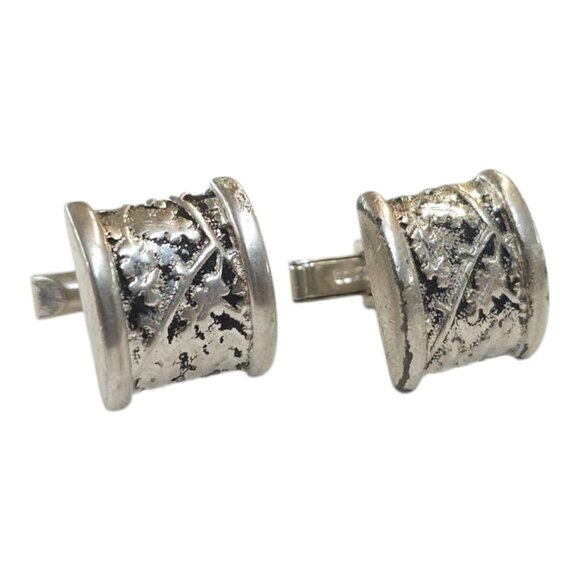 Embossed Ivy Pattern Cufflinks Vintage Pewter Silver Tone MCM Jewelry Two Tone - Picture 1 of 11